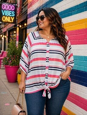 George Plus Size Striped Button Front Blouse Tie Hem | Size 3x